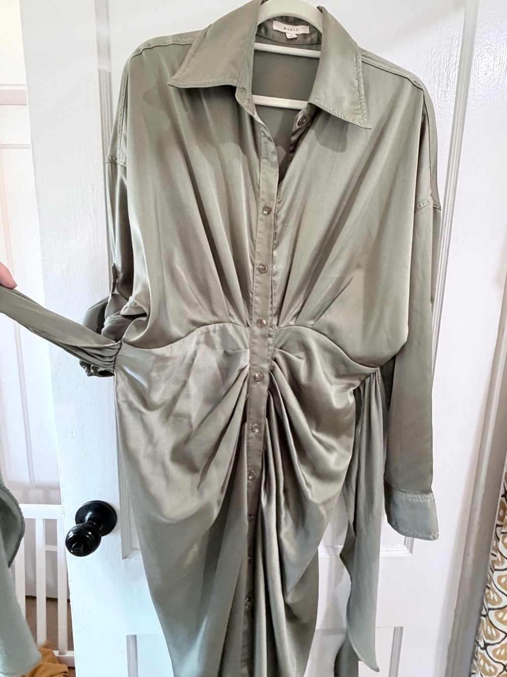 Ruched Satin Olive Midi  Dress with Button Front & wrap sash belt - size L 8/10 - Picture 4 of 8